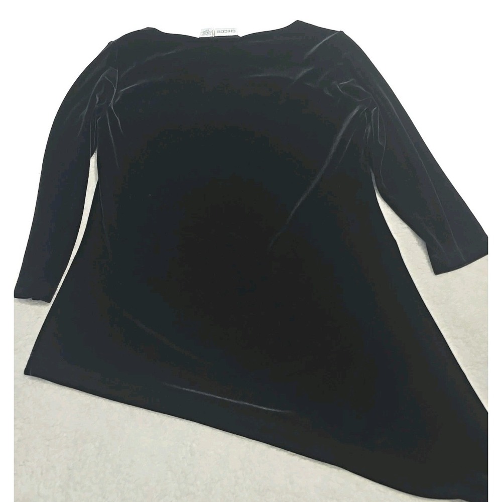 Chico's Travelers Asymmetrical 3/4 Sleeve Black Velvet Blouse Top Sz 1 Medium - Picture 7 of 8